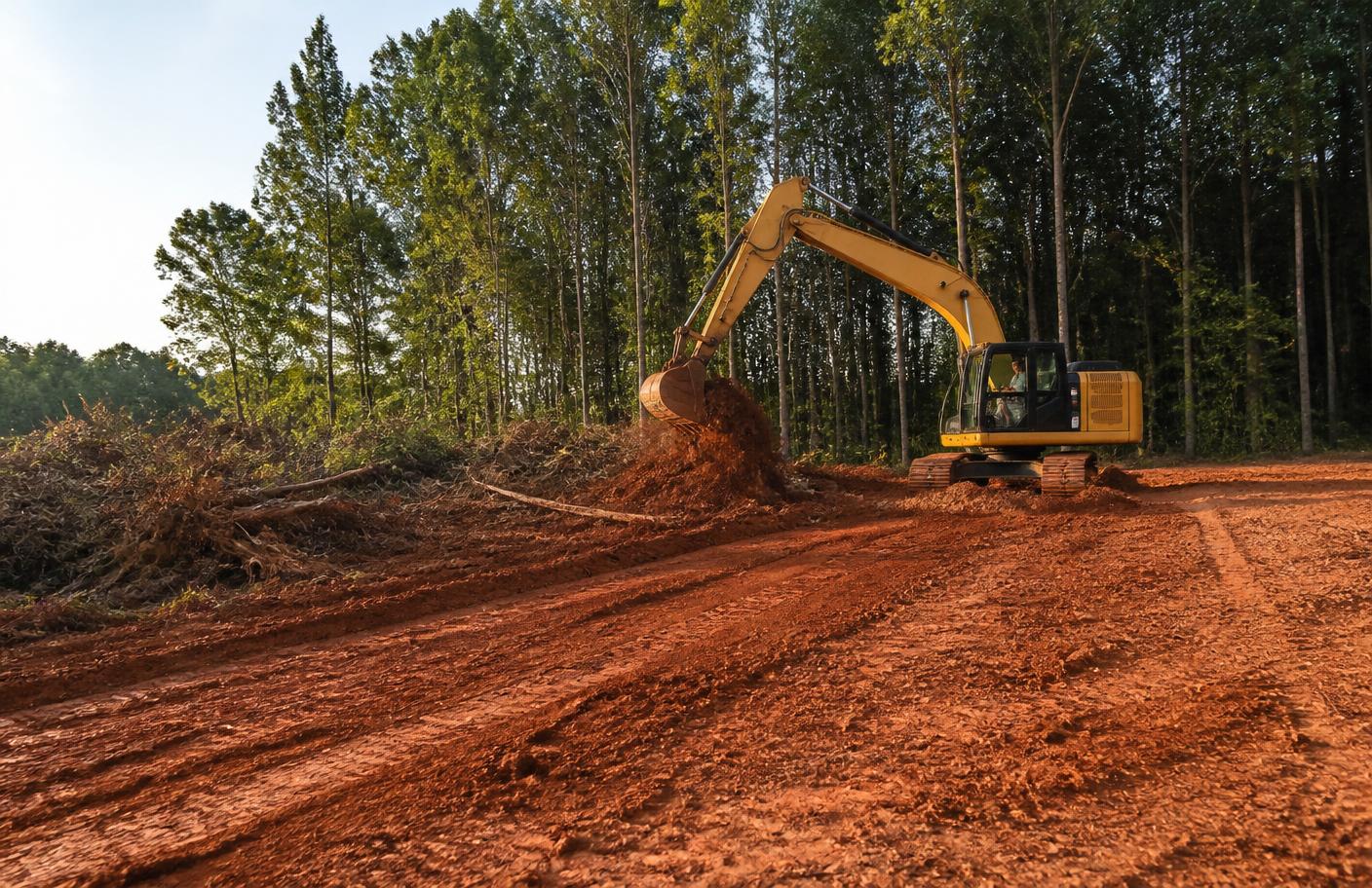 Excavator clearing and grading a wooded lot for a house pad near Jonesboro AR