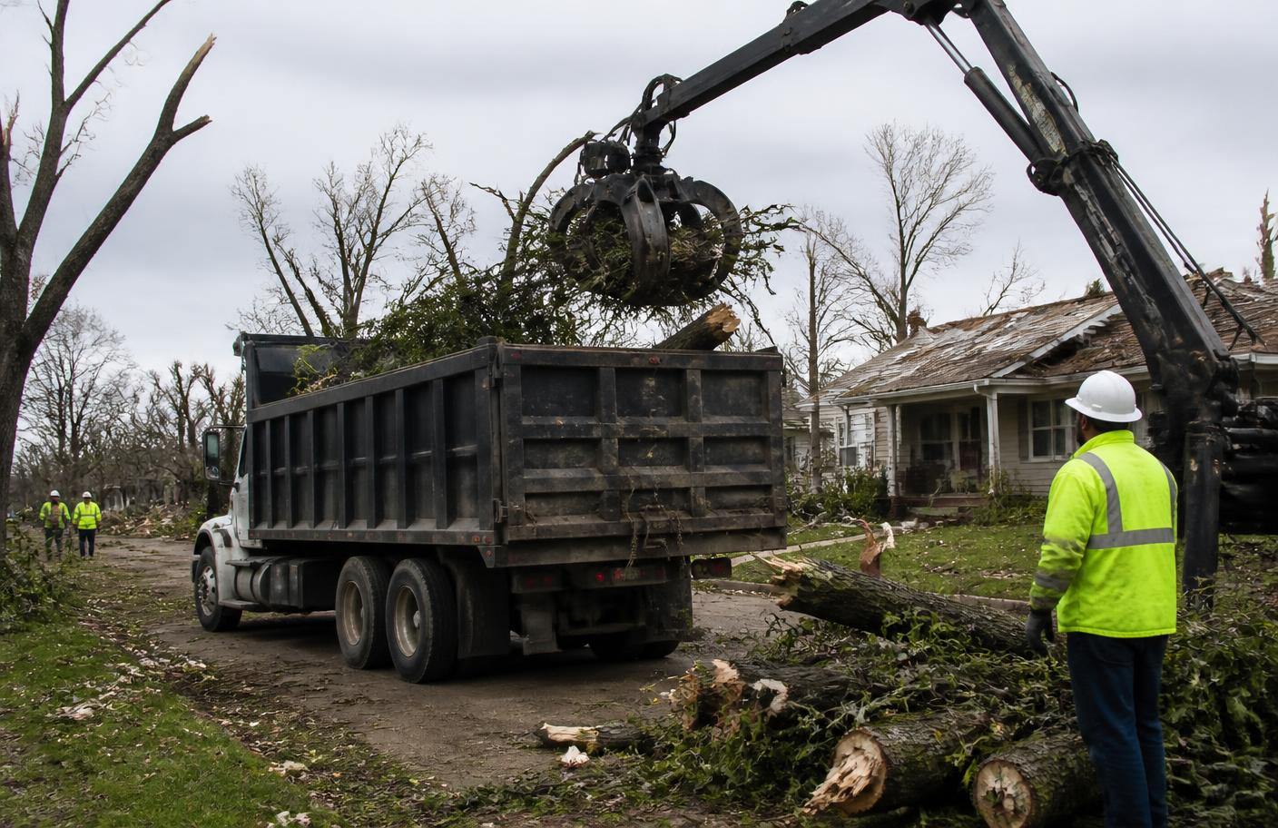 Crew loading storm debris and fallen limbs into a dump truck after a Northeast Arkansas storm