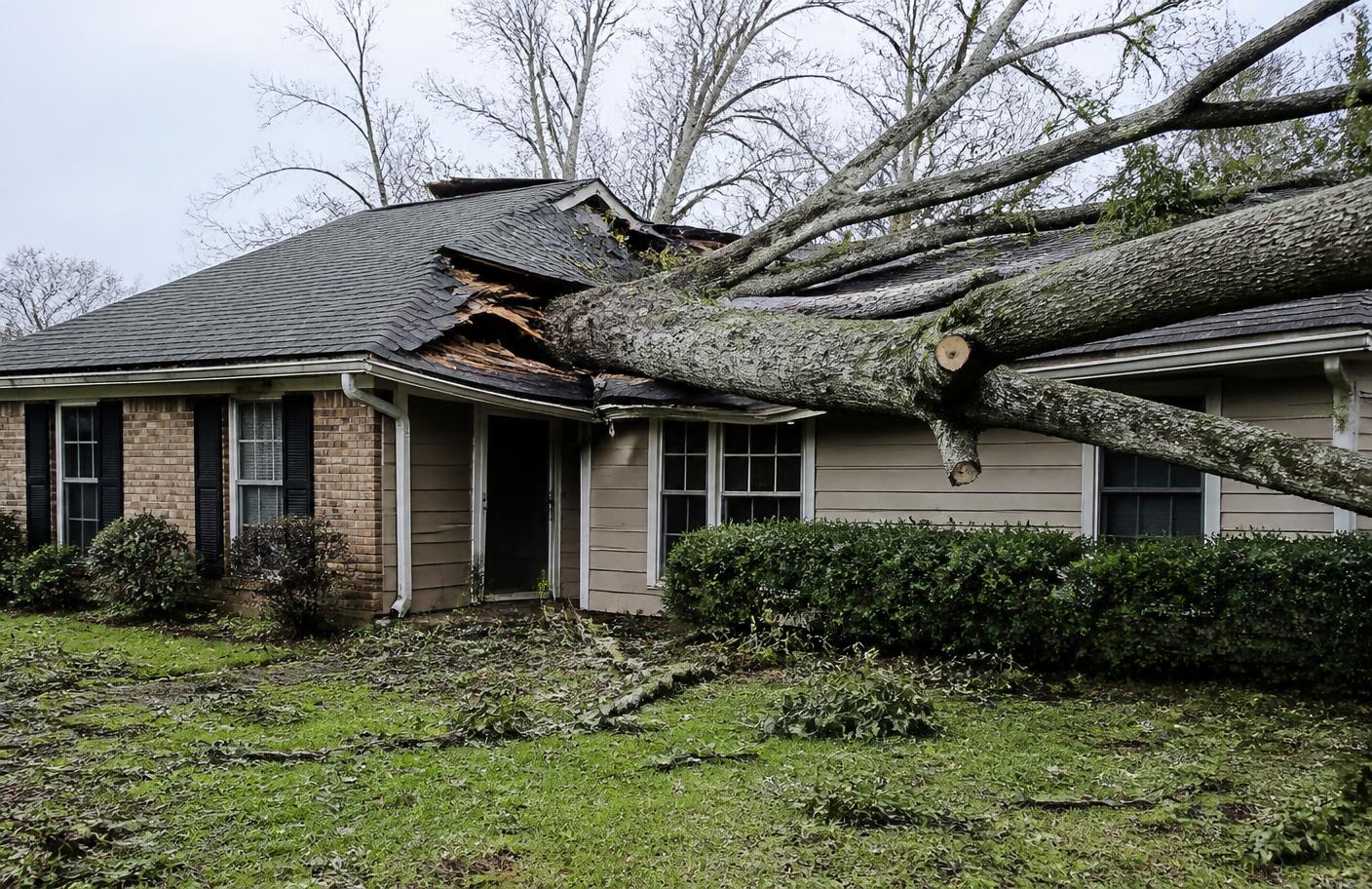 Storm-fallen tree resting on the roof of a home in Jonesboro AR